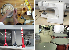 collage of photos of person washing dishes, sewing machine, model rockets, and drums