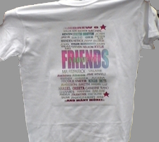 T-shirt with "Friends" on it, along with smaller illegible text